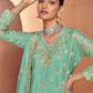 Bermuda Teal Green Floral Embroidered Chinon Silk Plazzo Suit