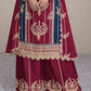 Berry Red Embroidered Chinon Silk Plazzo Suit