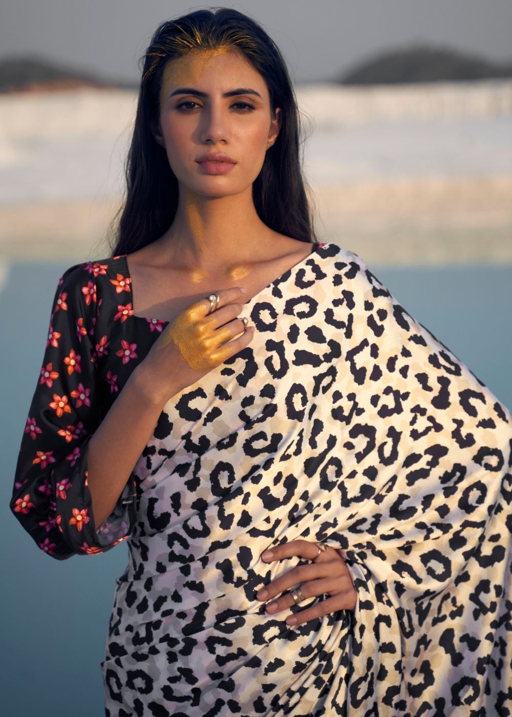 Black and White Leopard Print Crepe Silk Saree: Top Pick