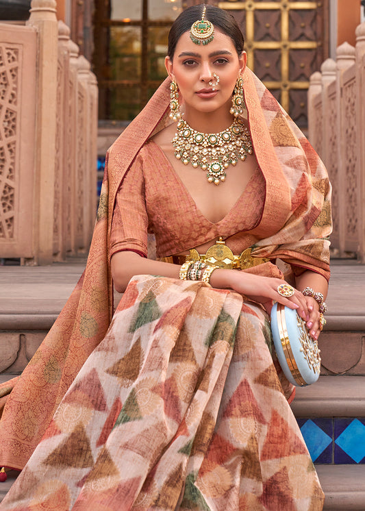 White & Brown Digital Printed Organza Silk Saree