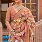 White & Brown Digital Printed Organza Silk Saree