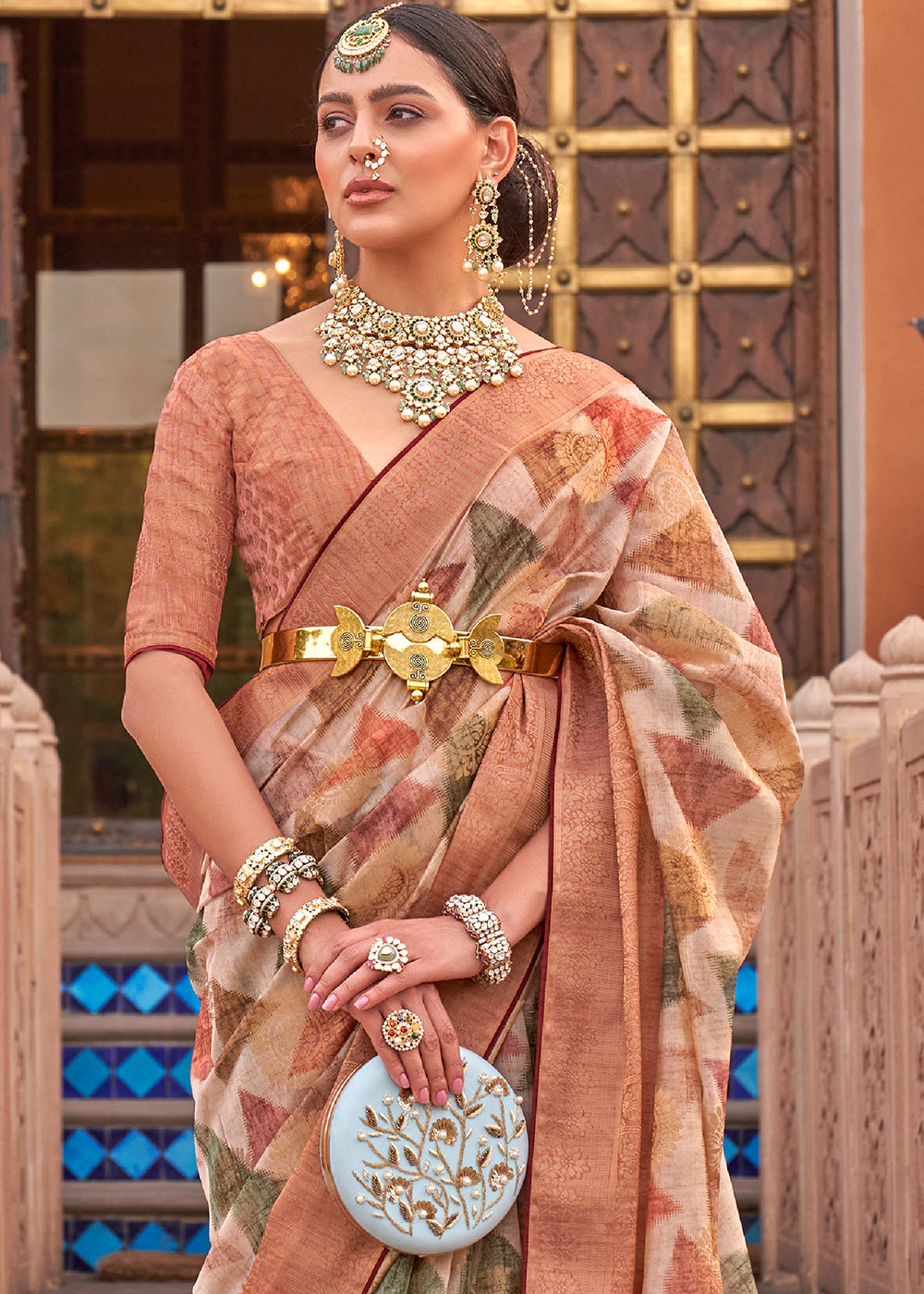 White & Brown Digital Printed Organza Silk Saree