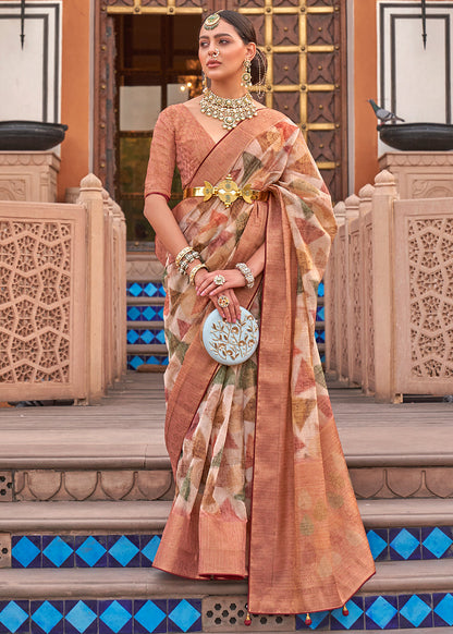 White & Brown Digital Printed Organza Silk Saree