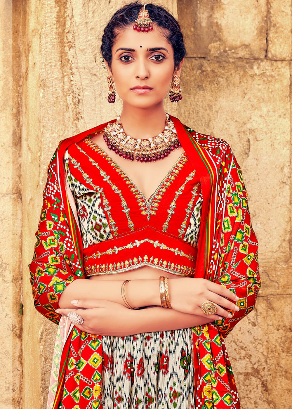 White & Red Patola Printed Banarasi Silk Lehenga Choli with Embroidery Work