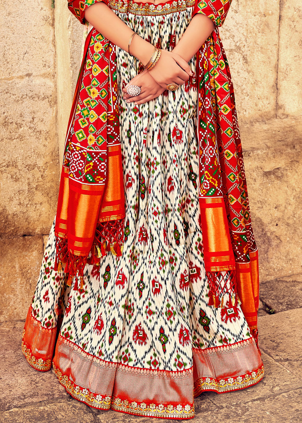 White & Red Patola Printed Banarasi Silk Lehenga Choli with Embroidery Work
