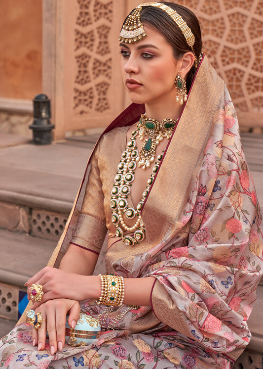 White & Brown Digital Printed Organza Silk Saree