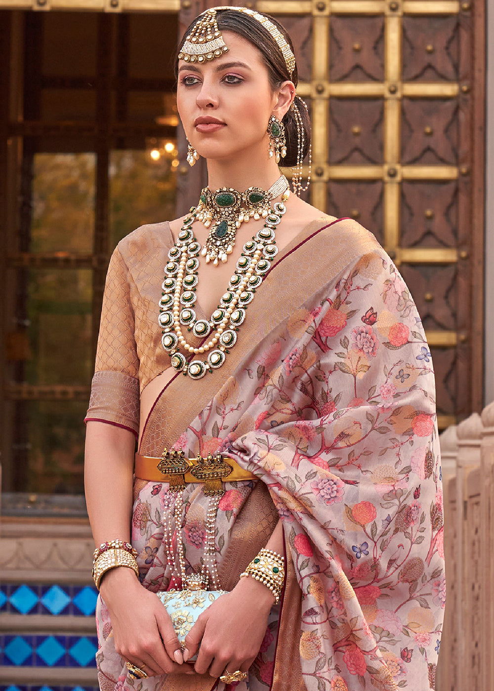 White & Brown Digital Printed Organza Silk Saree