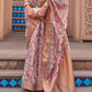 White & Brown Digital Printed Organza Silk Saree