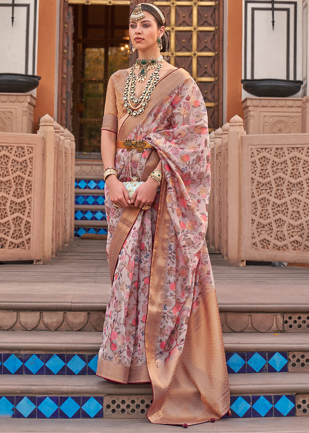 White & Brown Digital Printed Organza Silk Saree