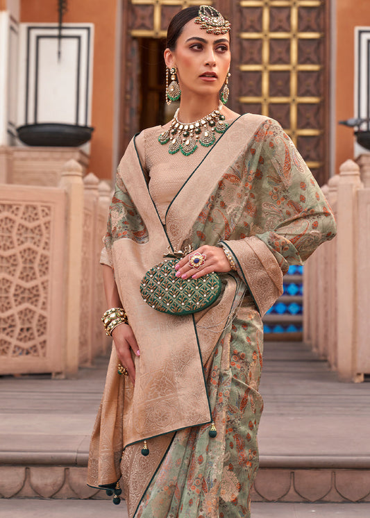 Viridian Green Digital Printed Organza Silk Saree