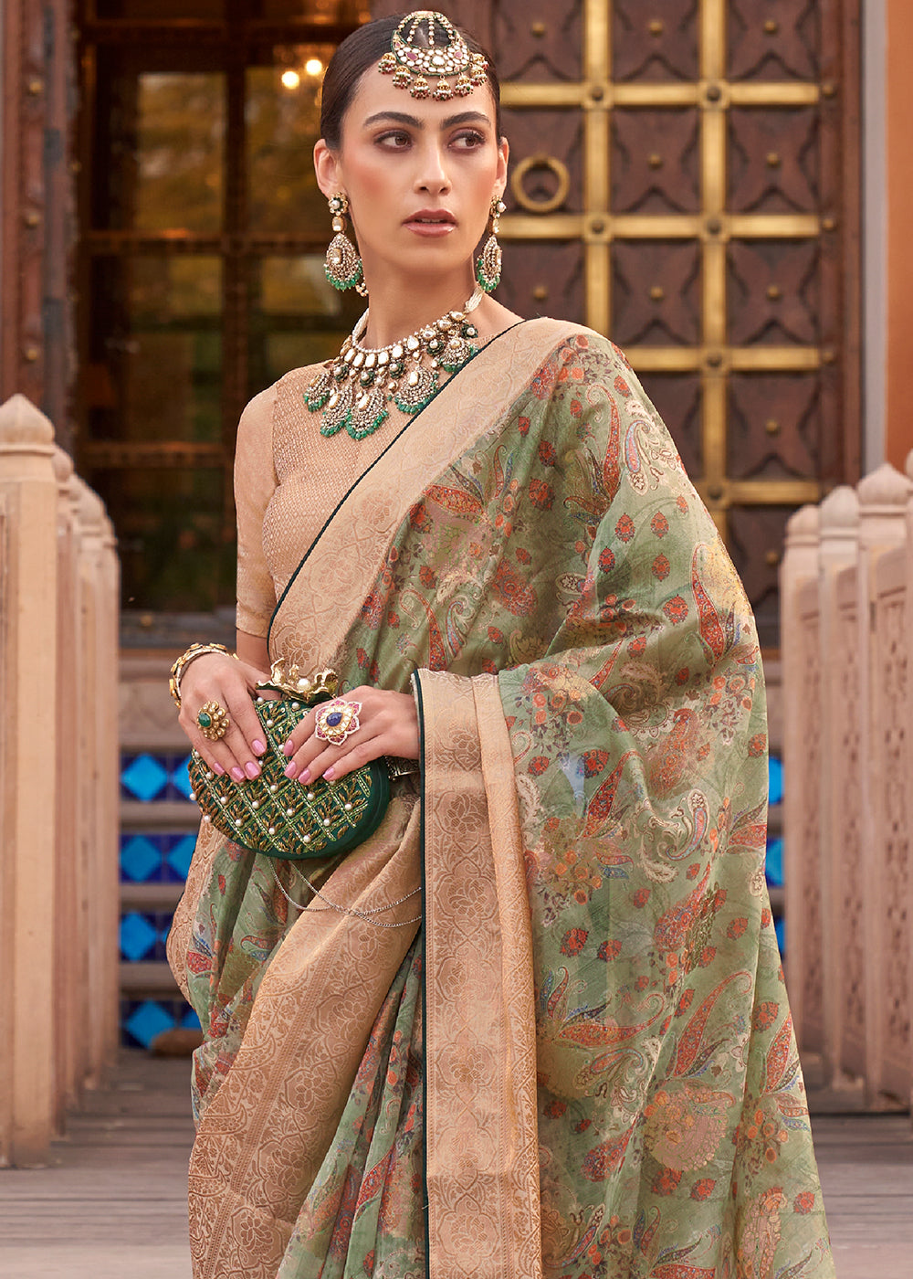 Viridian Green Digital Printed Organza Silk Saree