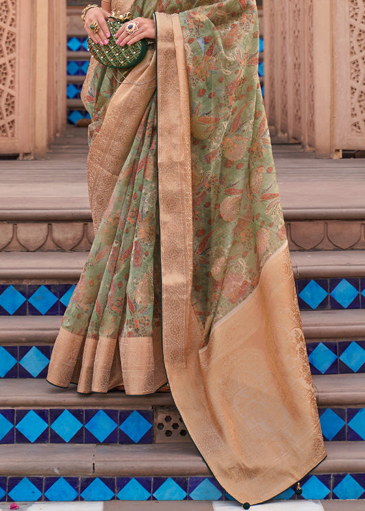 Viridian Green Digital Printed Organza Silk Saree