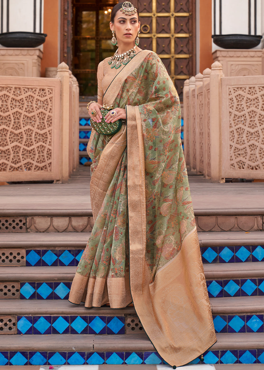 Viridian Green Digital Printed Organza Silk Saree