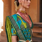 Avocado Green Designer Printed Silk Saree with Contrast Blouse & Pallu