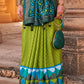 Avocado Green Designer Printed Silk Saree with Contrast Blouse & Pallu