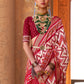 White & Red Designer Printed Silk Saree
