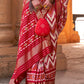 White & Red Designer Printed Silk Saree