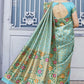 Arctic Blue and Golden Blend Silk Saree with Floral Woven Border and Pallu