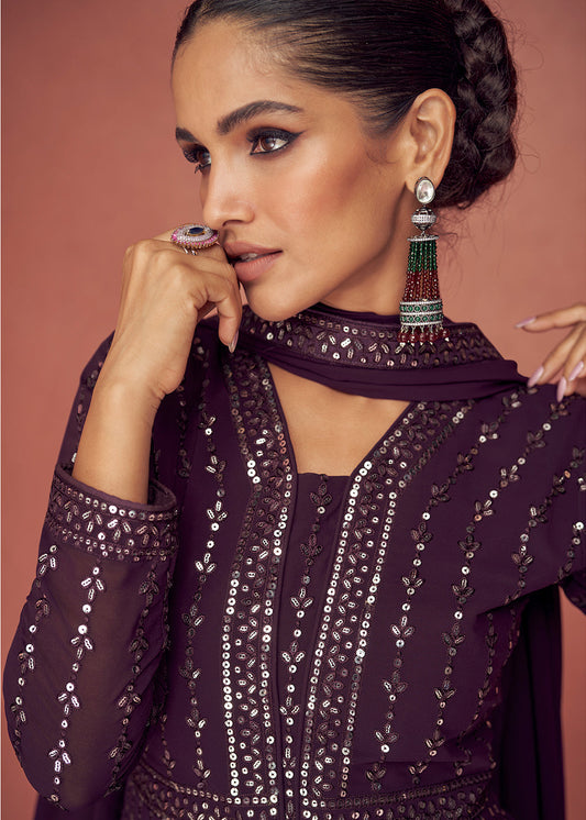 Raisin Purple Georgette Embroidered Anarkali Suit