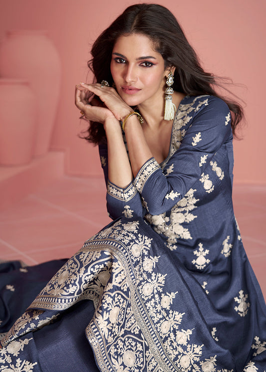 Yale Blue Embroidered Silk Salwar Suit