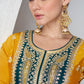 Yellow & Green Embroidered Chinon Silk Plazzo Suit