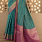 Teal Blue Woven Soft Banarasi Silk Saree with Contrast Pallu & Blouse