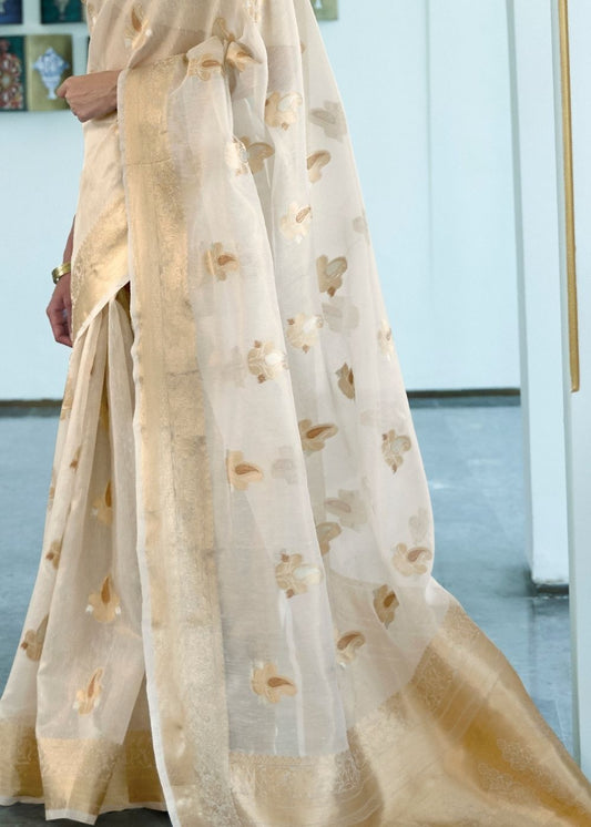 Ivory White Zari Woven Organza Silk Saree : Top Pick