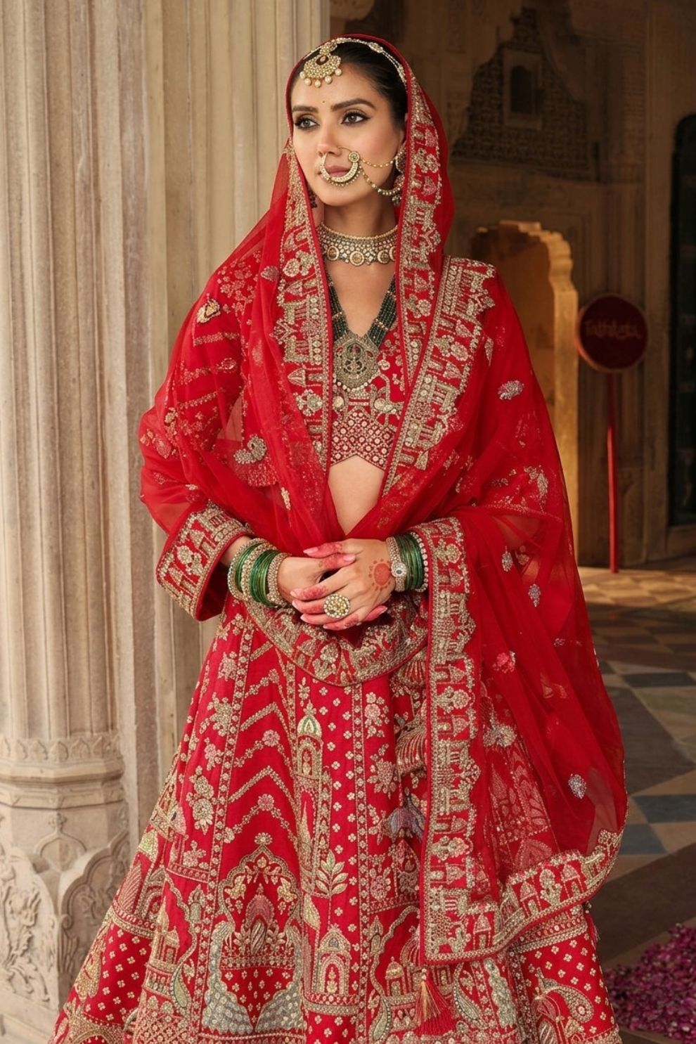 Scarlet Red Silk Bridal Lehenga with Flared Panels & Temple Border Embroidery
