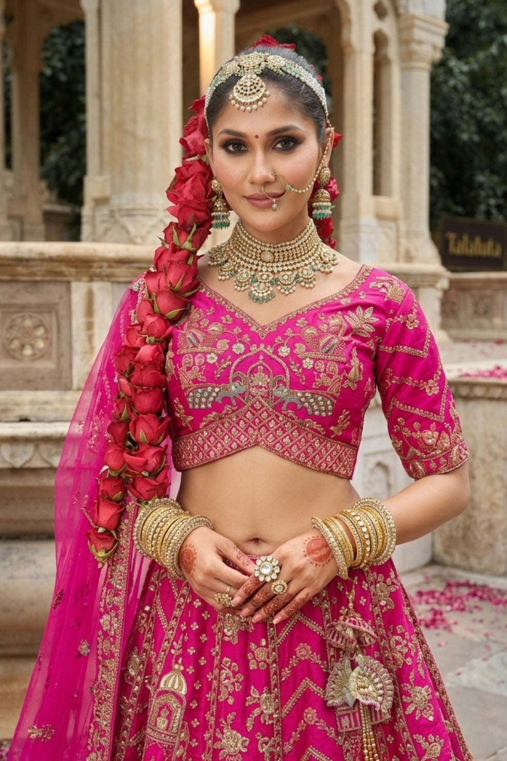 Rani Pink Silk Bridal Lehenga with Peacock & Elephant Motif Embroidery