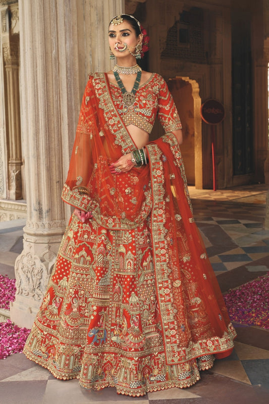 Rust Orange Silk Bridal Lehenga with Heritage Elephant and Peacock Motifs