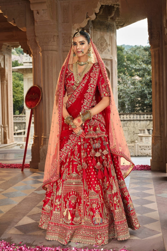 Imperial Red Silk Wedding Lehenga featuring Handcrafted Zari & Khatli Work