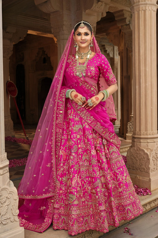 Rani Pink Silk Bridal Lehenga with Heavy Zari & Peacock Embroidery