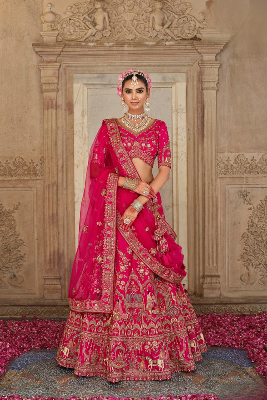 Rani Pink Silk Bridal Lehenga with Doli-Baraat & Peacock Motif Embroidery