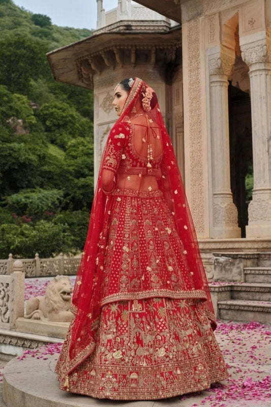 Heritage Red Silk Bridal Lehenga with Elephant & Peacock Motif Embroidery