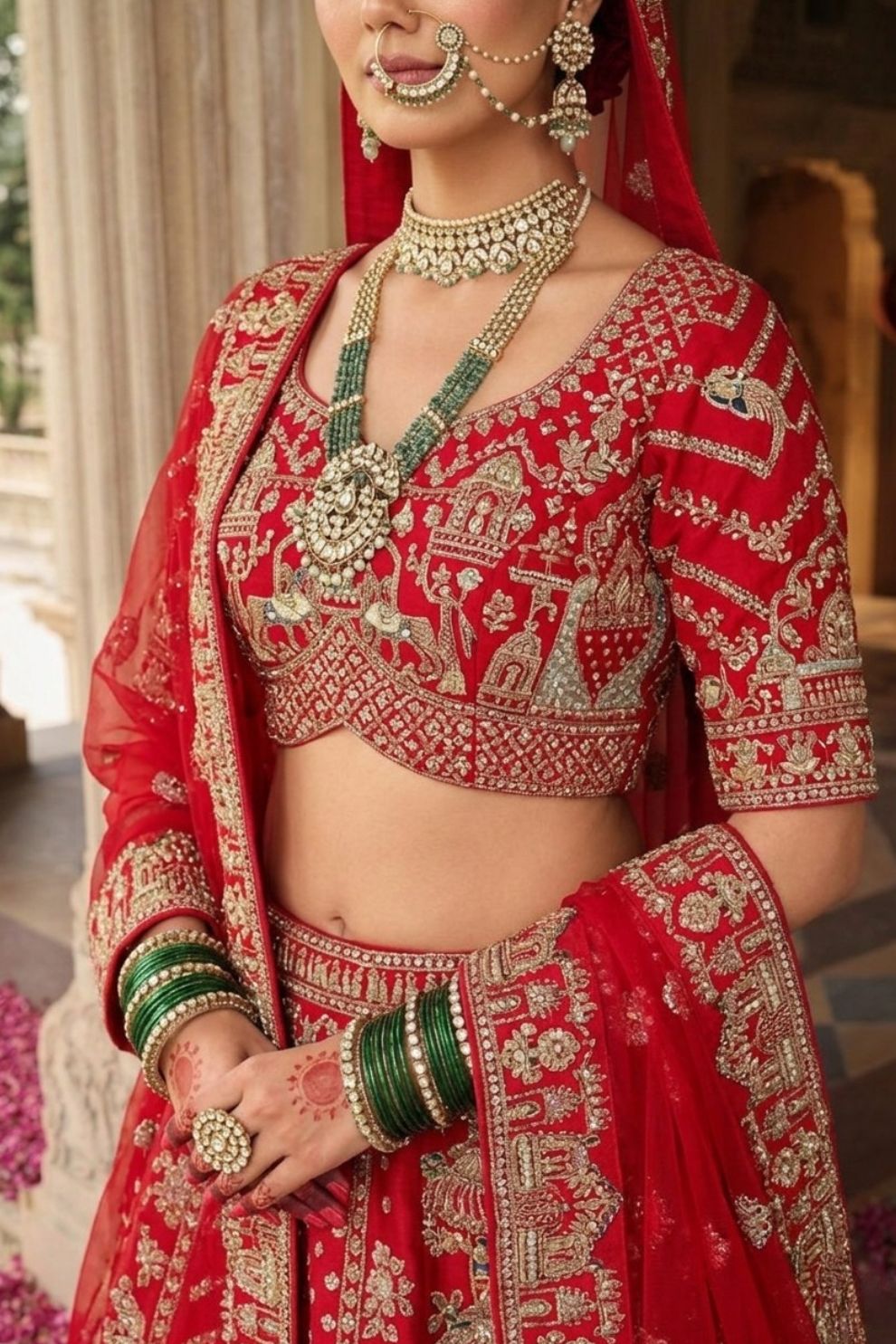 Scarlet Red Silk Bridal Lehenga with Flared Panels & Temple Border Embroidery