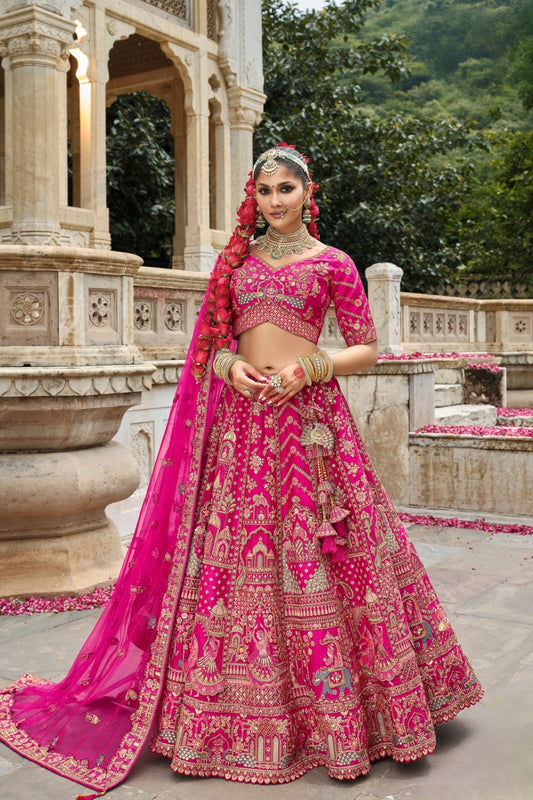 Rani Pink Silk Bridal Lehenga with Peacock & Elephant Motif Embroidery