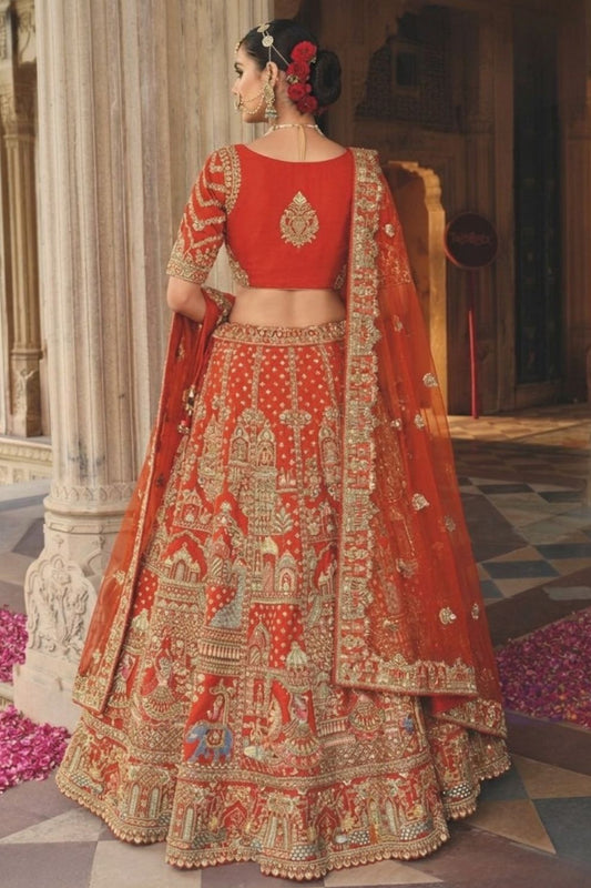 Rust Orange Silk Bridal Lehenga with Heritage Elephant and Peacock Motifs