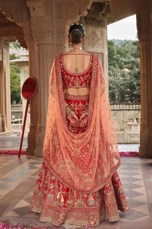 Imperial Red Silk Wedding Lehenga featuring Handcrafted Zari & Khatli Work