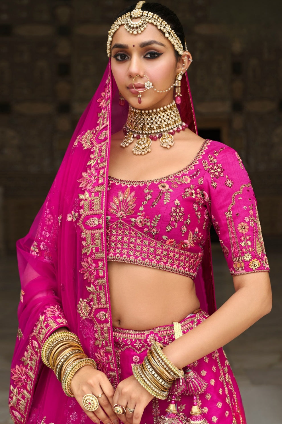 Rani Pink Kalidar Silk Lehenga with Royal Wedding Motifs