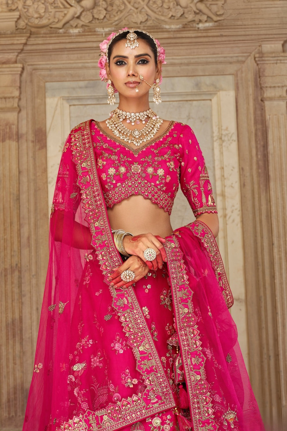 Rani Pink Silk Bridal Lehenga with Doli-Baraat & Peacock Motif Embroidery