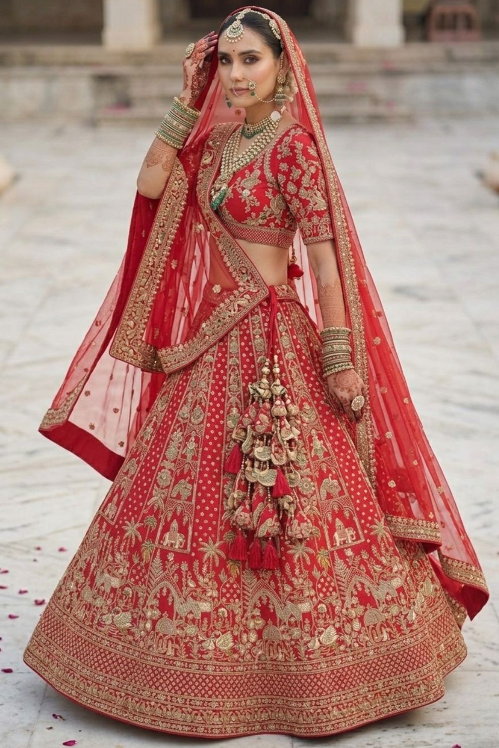 Heritage Red Silk Bridal Lehenga with Elephant & Peacock Motif Embroidery