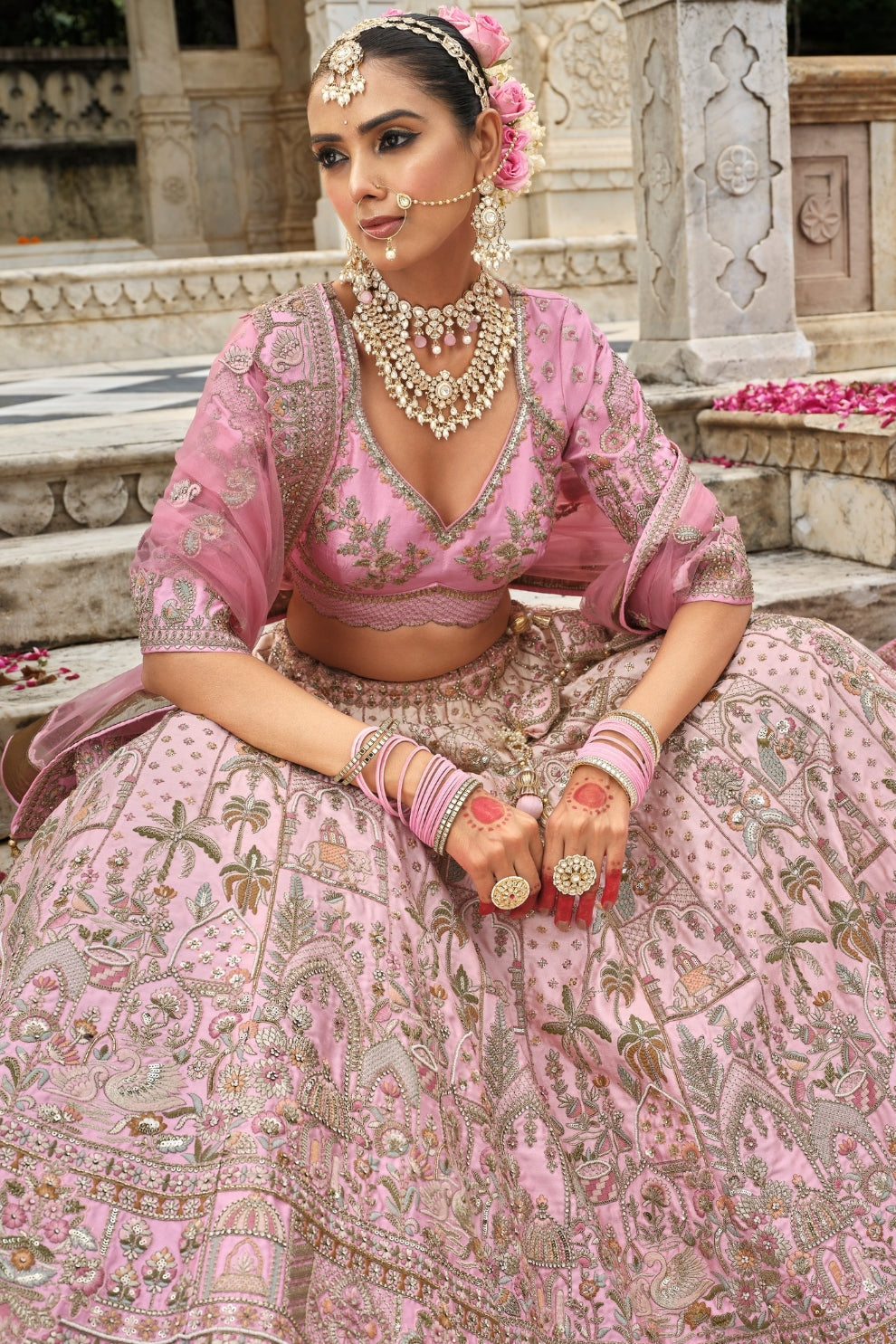 Blush Pink Silk Bridal Lehenga with Heritage Elephant & Peacock Embroidery