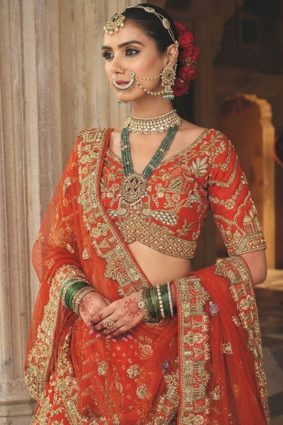 Rust Orange Silk Bridal Lehenga with Heritage Elephant and Peacock Motifs