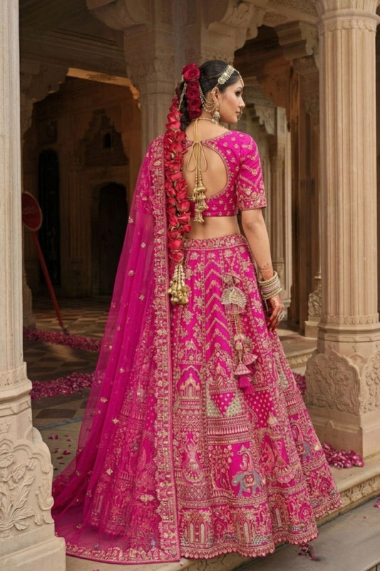 Rani Pink Silk Bridal Lehenga with Peacock & Elephant Motif Embroidery