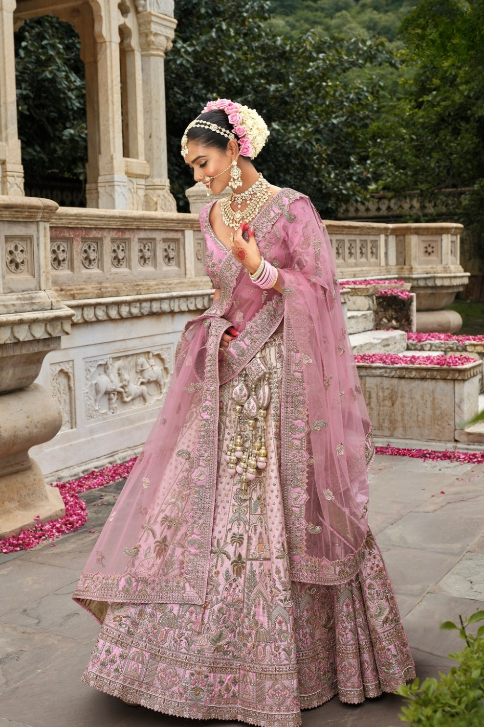 Blush Pink Silk Bridal Lehenga with Heritage Elephant & Peacock Embroidery