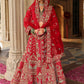 Scarlet Red Silk Bridal Lehenga with Flared Panels & Temple Border Embroidery