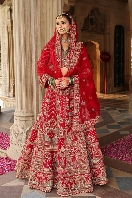 Scarlet Red Silk Bridal Lehenga with Flared Panels & Temple Border Embroidery