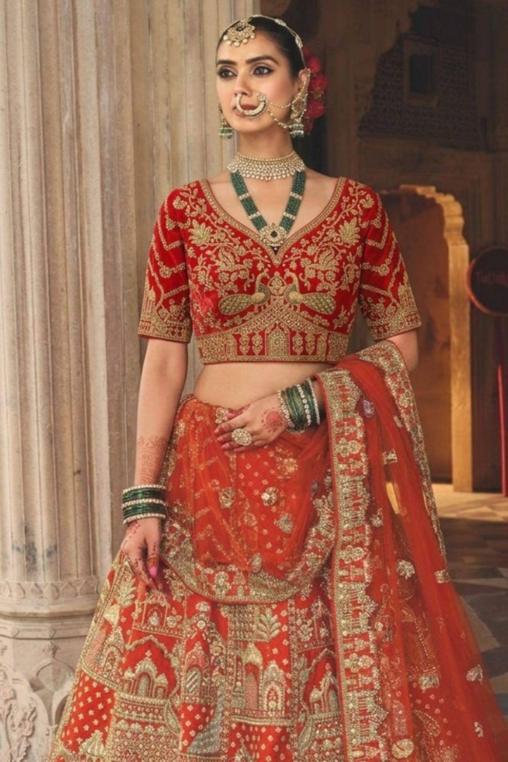 Rust Orange Silk Bridal Lehenga with Heritage Elephant and Peacock Motifs