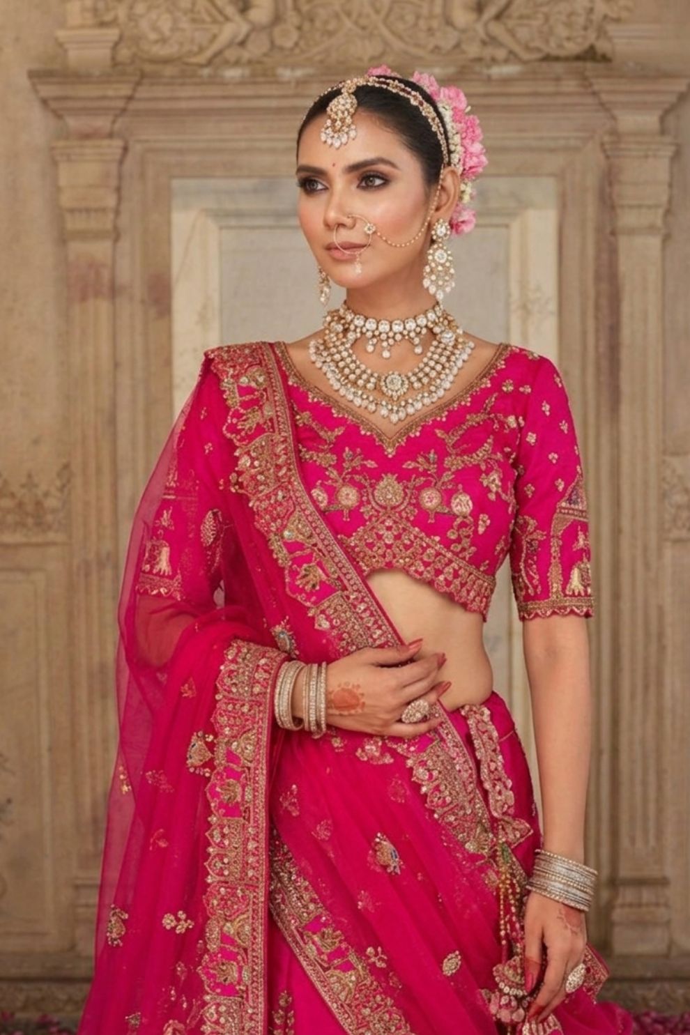 Rani Pink Silk Bridal Lehenga with Doli-Baraat & Peacock Motif Embroidery