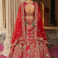Scarlet Red Silk Bridal Lehenga with Flared Panels & Temple Border Embroidery